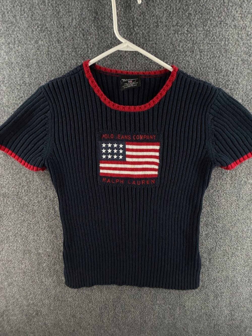 Polo Jeans Ralph Lauren Women Flag Sweater Rib Knit Large Short Sleeve Blue Red